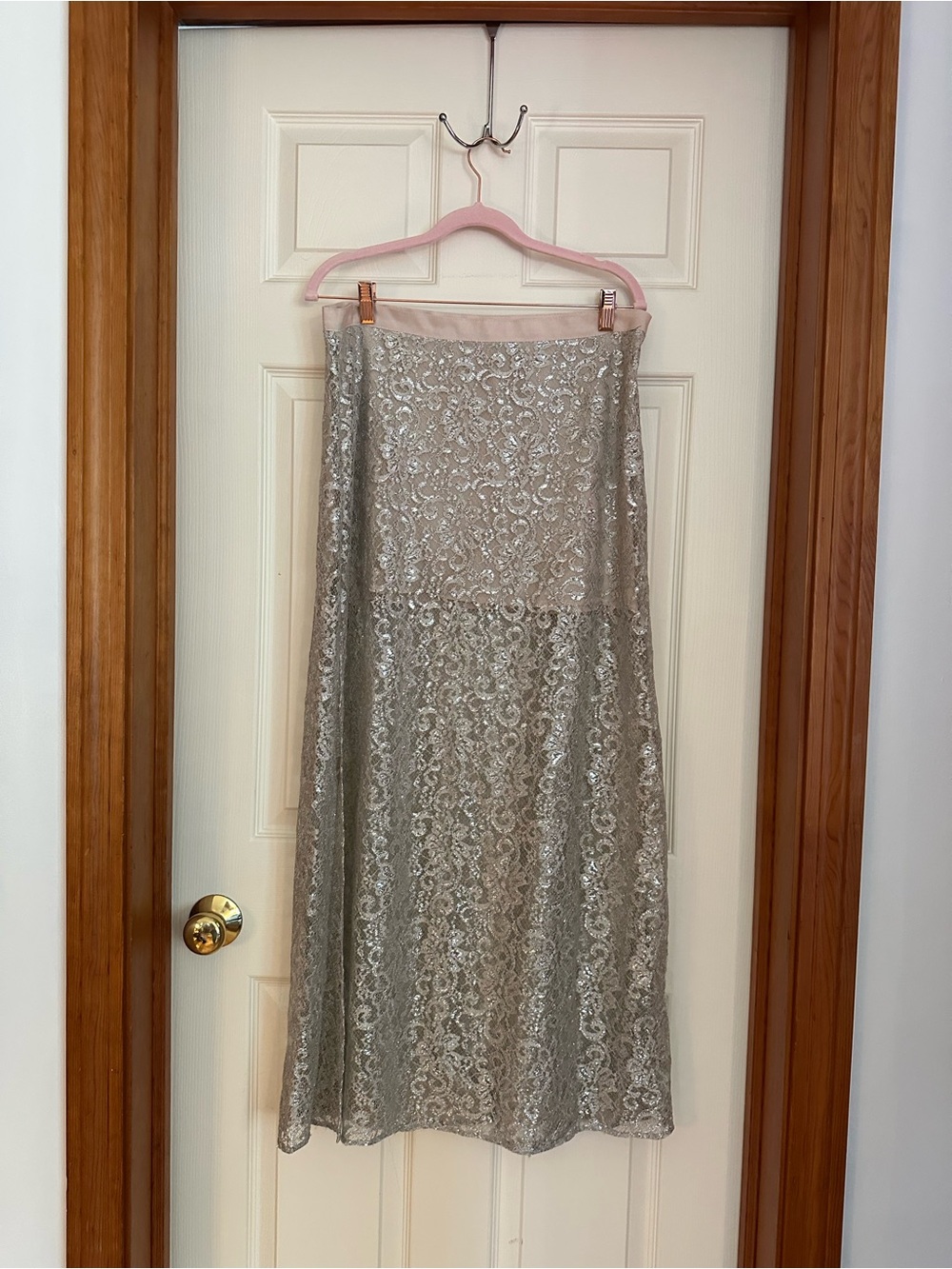 y2k HAUTE HIPPIE Metallic Silver Lace Maxi Skirt M